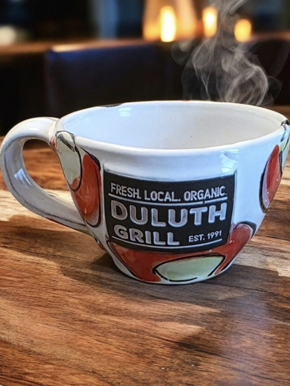 Duluth Pottery & Tile Handmade Ceramic Mug Red Green White Black Decorated